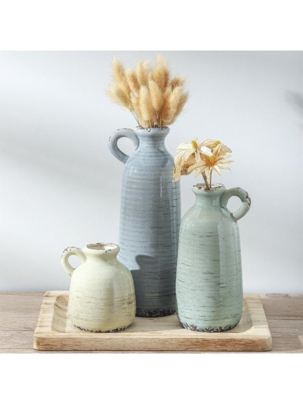 Set of 3 Neutral Ceramic Vases | Modern Farmhouse Decor for Pampas Grass